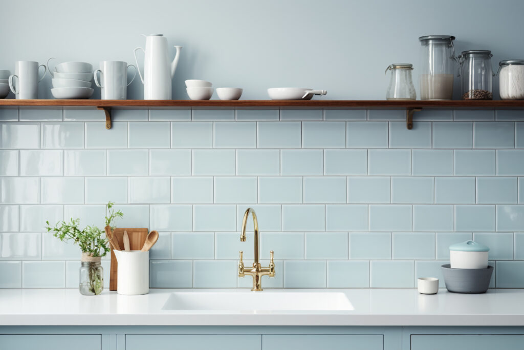 Light blue glossy subway tiles with white grout and a gold bridge faucet.