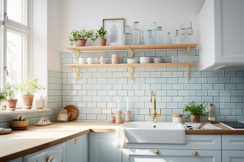 Pale blue ceramic tile backsplash in a farmhouse kitchen with open wood shelving.