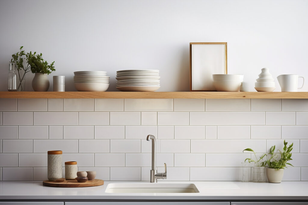 Matte white rectangular tile backsplash with thin grout lines and a minimalist sink.